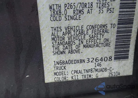 2011 Nissan Titan Sv from USA, damaged, VIN 1N6BA0EDXBN326408